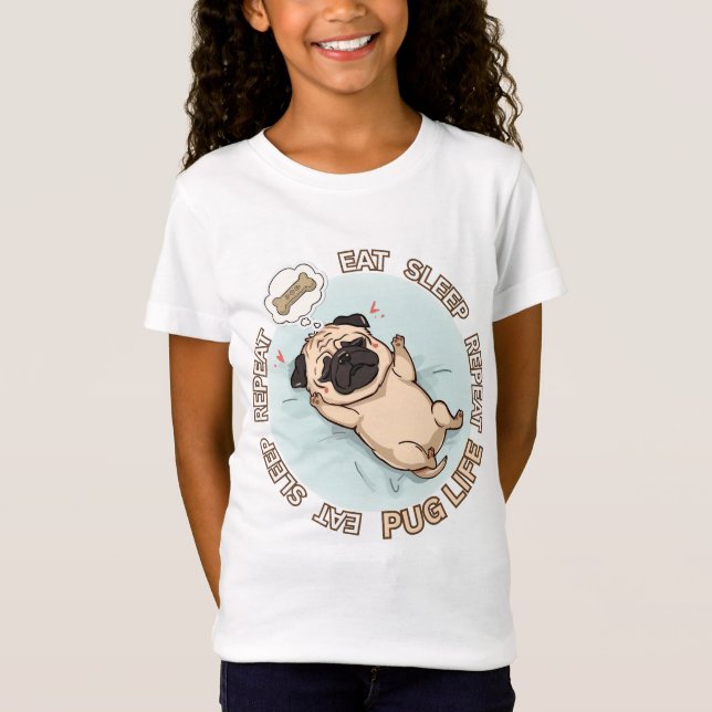 Camiseta Cute Sleeping Pug Girls Shirt | Eat Sleep Repeat  (Anverso)