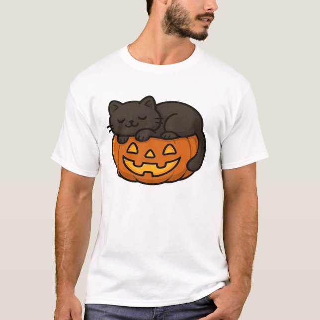 Camiseta Cute Sleepy Black Cat on a Pumpkin Halloween Essen (Anverso)
