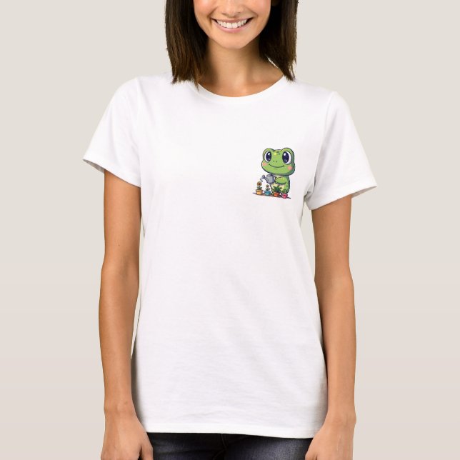 Camiseta Cute Smiling Frog Watering Small Potted Plants (Anverso)