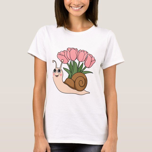 Camiseta Cute Snail with Tulips Floral Spring Garden Design (Anverso)