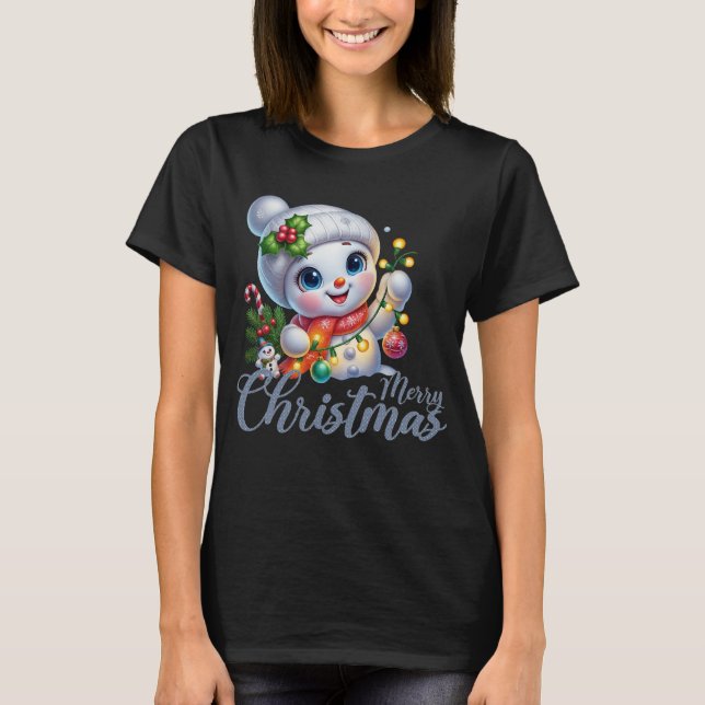Camiseta Cute Snowgirl Merry Christmas Lights Tee (Anverso)