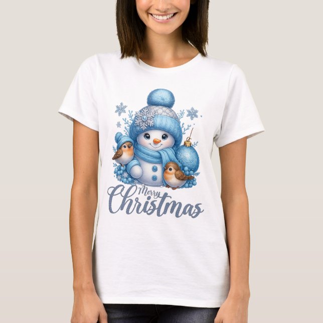 Camiseta Cute Snowman and Winter Birds Christmas (Anverso)