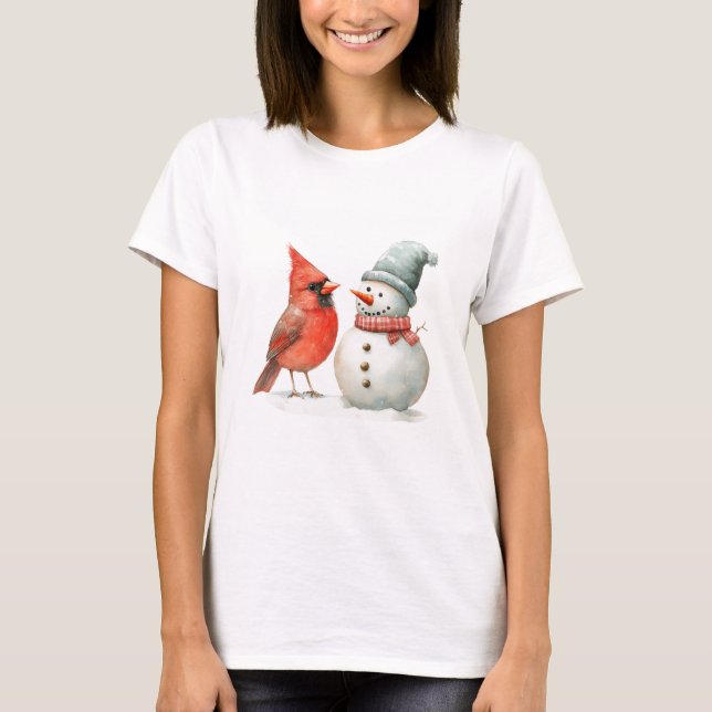 Camiseta Cute Snowman with Bird Winter Christmas Scene (Anverso)