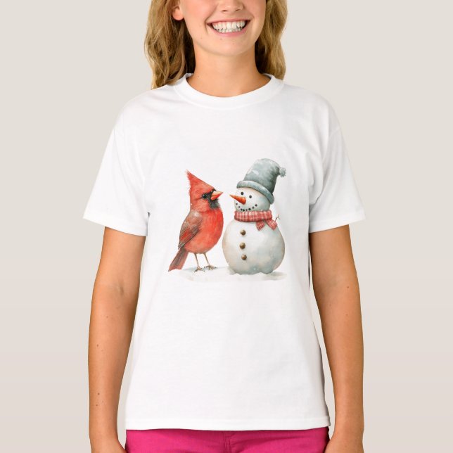 Camiseta Cute Snowman with Bird Winter Christmas Scene (Anverso)