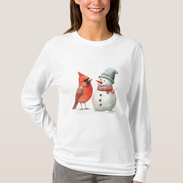 Camiseta Cute Snowman with Bird Winter Christmas Scene (Anverso)