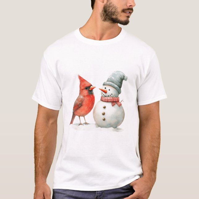Camiseta Cute Snowman with Bird Winter Christmas Scene (Anverso)