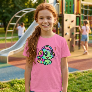 Camiseta Cute Sonriendo Kawaii Bebé Camaleón Con Auriculare