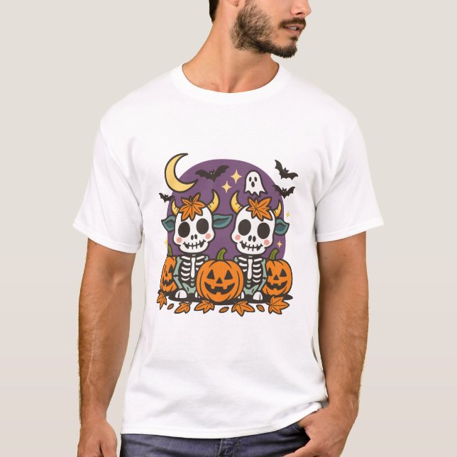Camiseta Cute Spooky Skeleton Cows with Pumpkins T-Shirt (Anverso)