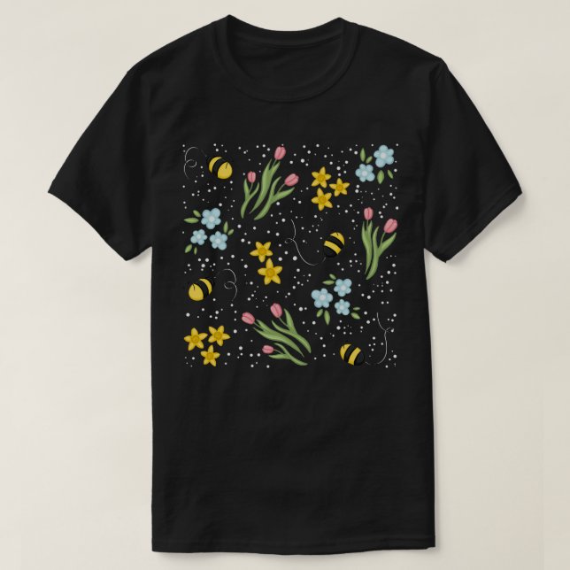 Camiseta Cute Spring Bee Tulips y Daffodils Flor Patrulla (Diseño del anverso)