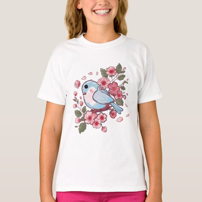 Camiseta Cute Spring Bluebird & Cherry Blossom Watercolor A (Anverso)