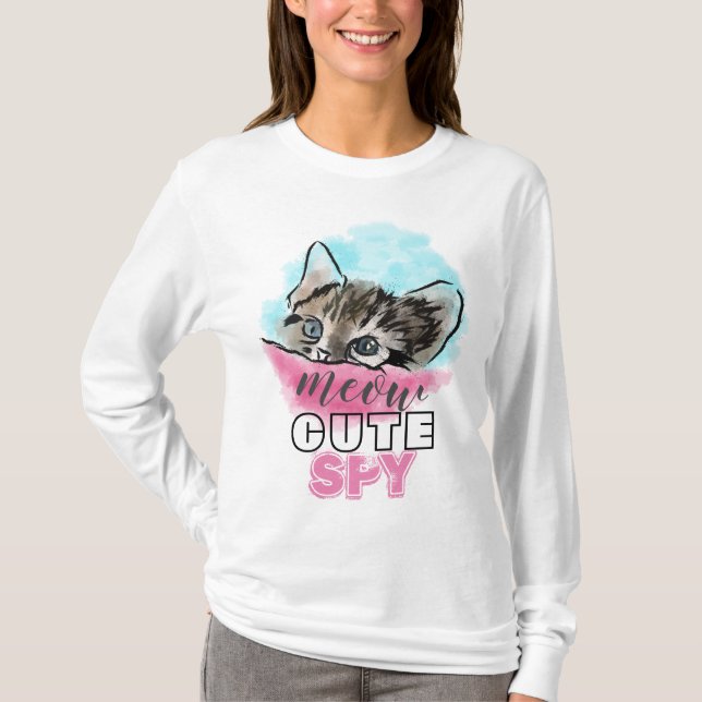 Camiseta "CUTE SPY" | Gracioso Kitten Azul Rosa (Anverso)