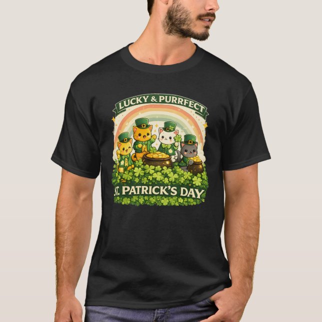 Camiseta Cute St. Catrick's Day Lucky Cats & Rainbow Men's  (Anverso)