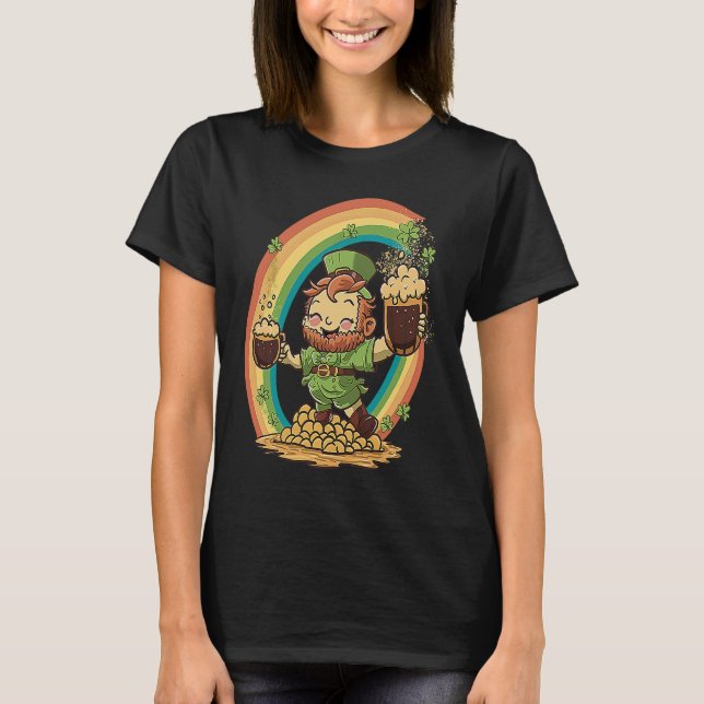Camiseta Cute St Patricks Day Rainbow and Leprechaun Holdin (Anverso)