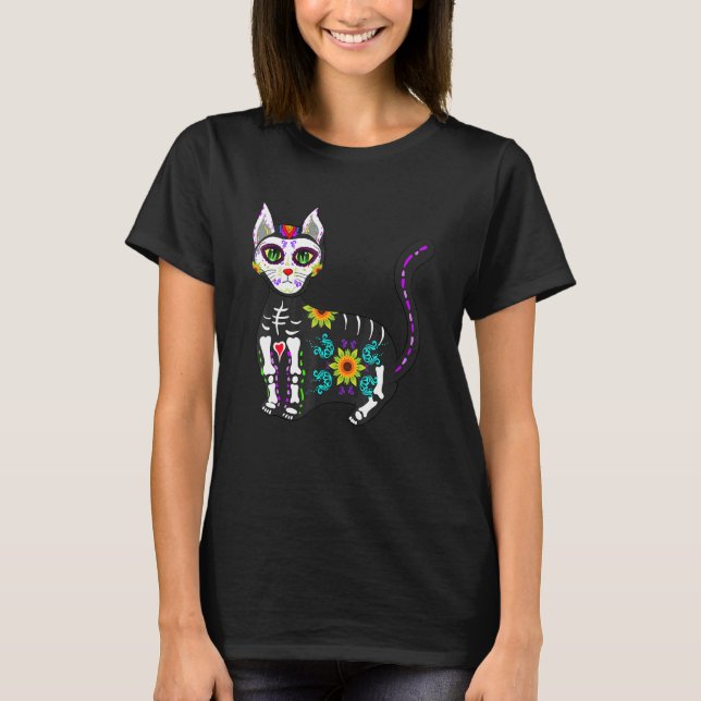 Camiseta Cute Sugar Skull Mexican Cat Halloween Day Of The  (Anverso)