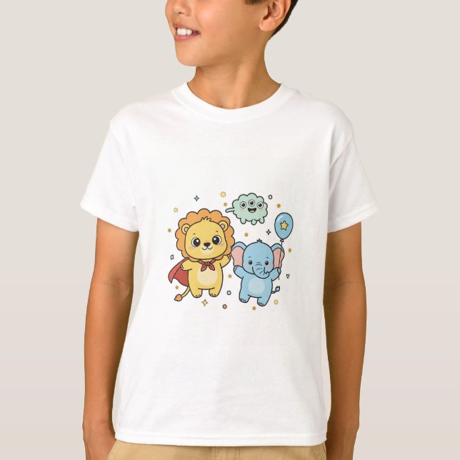 Camiseta Cute Superhero Lion and Elephant Friends Cartoon (Anverso)