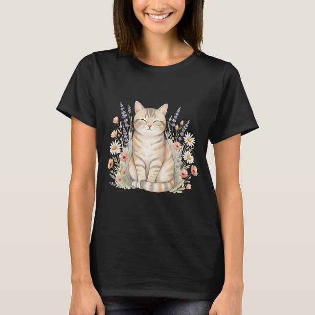 Camiseta Cute Tabby Cat Whimsical Floral Watercolor Tee (Anverso)