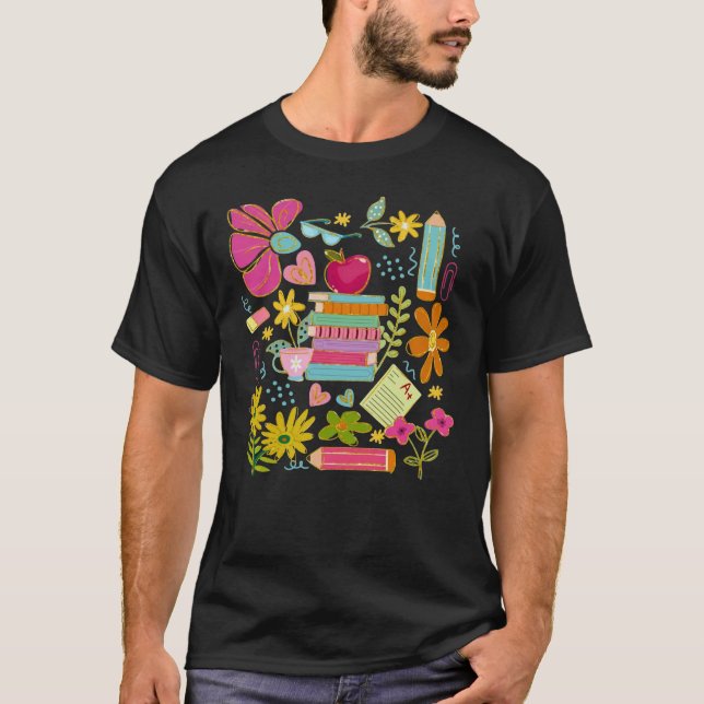 Camiseta Cute Teacher Doodle Art – Books, Flowers & School (Anverso)