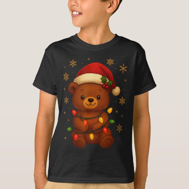 Camiseta Cute Teddy Bear Christmas Tree Lights Santa Hat Fu (Anverso)