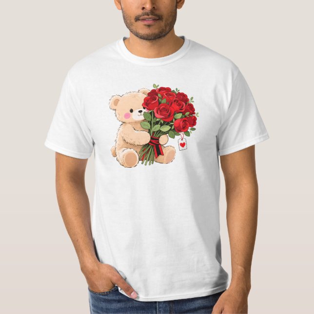 Camiseta Cute Teddy Bear Holding Valentine Roses (Anverso)
