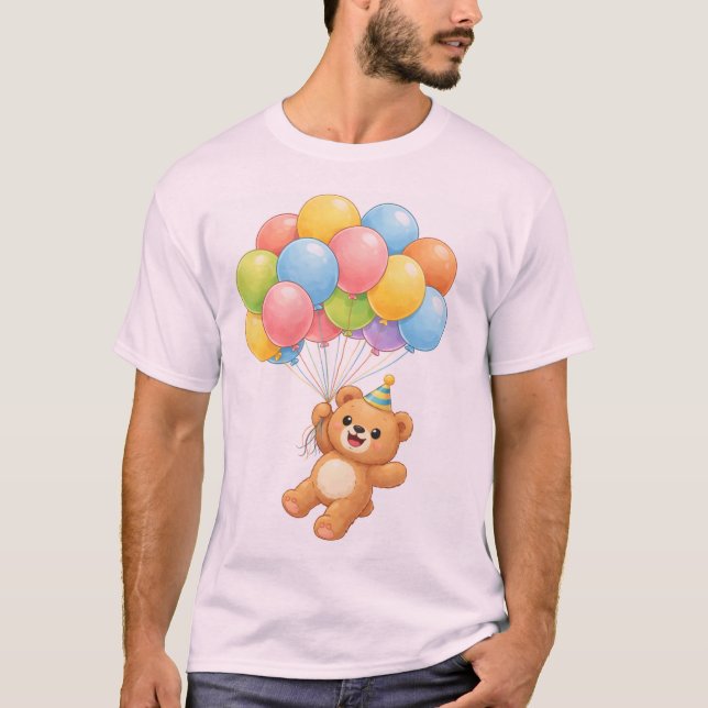 Camiseta Cute Teddy Bear with Balloons Birthday T-Shirt (Anverso)