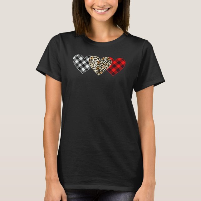 Camiseta Cute Three Heart Leopard Buffalo Red Black Plaid V (Anverso)
