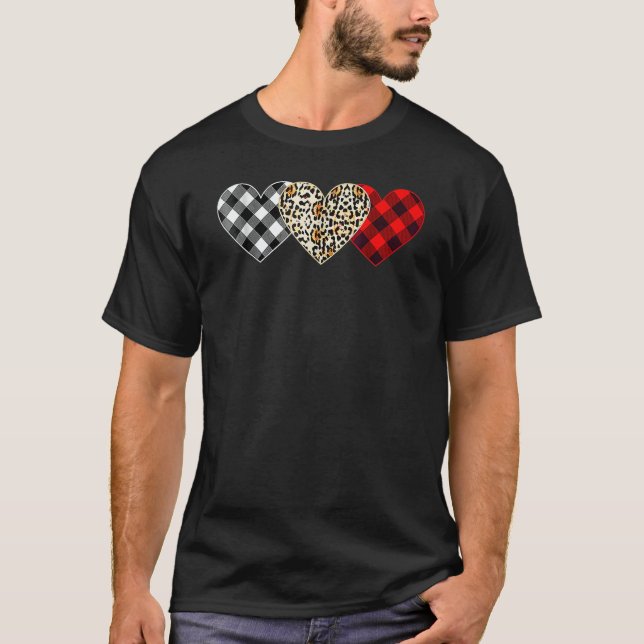 Camiseta Cute Three Heart Leopard Buffalo Red Black Plaid V (Anverso)