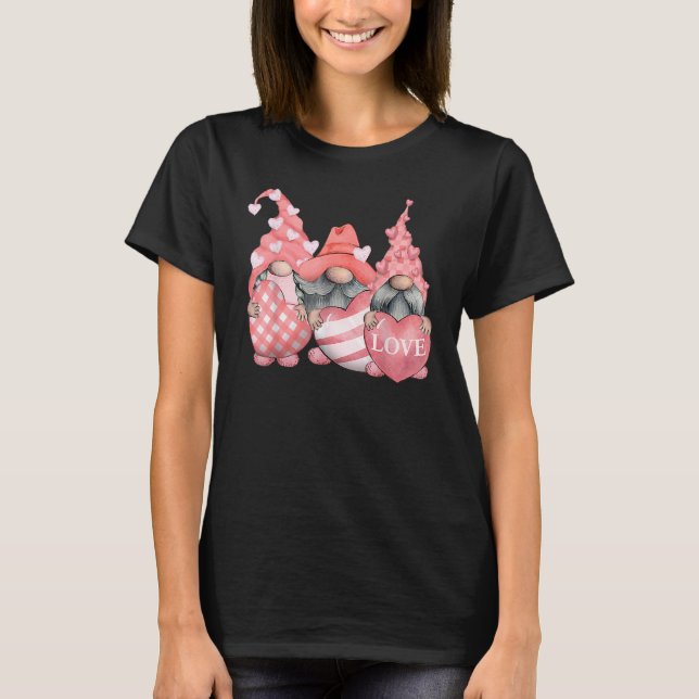 Camiseta Cute Three Pink Gnomes Holding Hearts Funny Valent (Anverso)