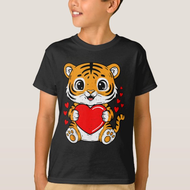 Camiseta Cute Tiger Holding Heart Kawaii Valentines Day Men (Anverso)
