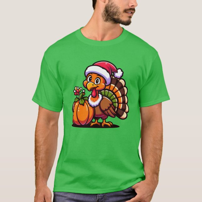 Camiseta Cute Turkey Posing with Pumpkin Autumn Harvest Ani (Anverso)