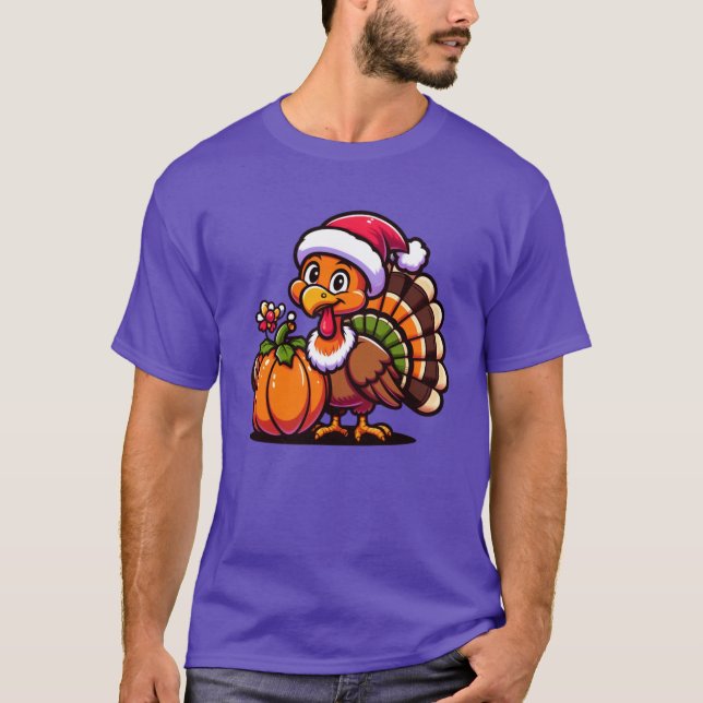 Camiseta Cute Turkey Posing with Pumpkin Autumn Harvest Ani (Anverso)