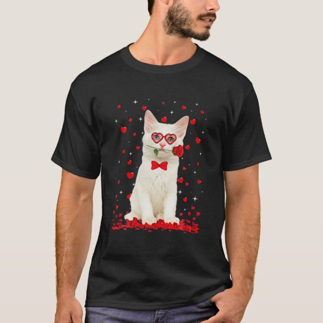 Camiseta Cute Turkish Angora Cat Glasses Heart Flower Valen (Anverso)