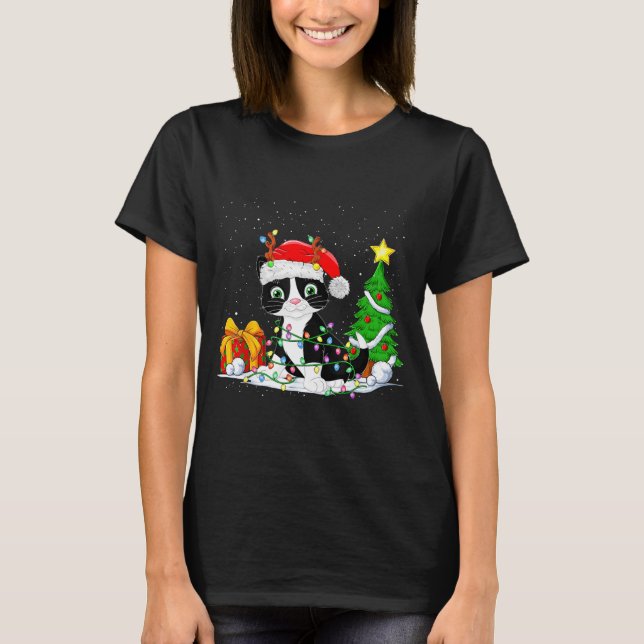 Camiseta Cute Tuxedo Cat Santa Christmas Tree Lights Xmas T (Anverso)