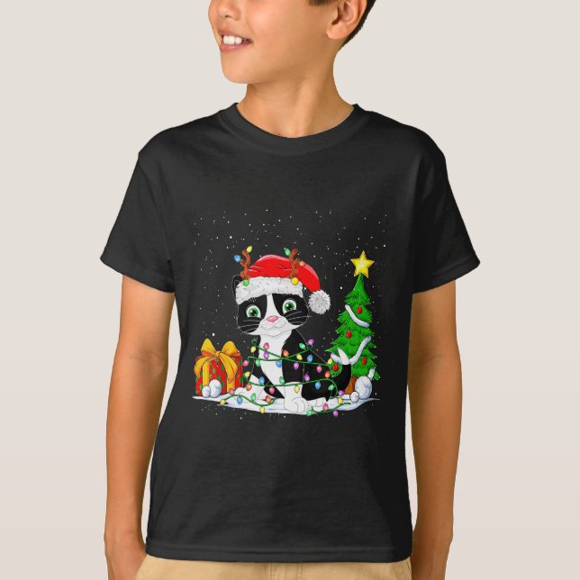 Camiseta Cute Tuxedo Cat Santa Christmas Tree Lights Xmas T (Anverso)