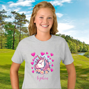 Camiseta Cute Unicorn, Corazones y Flores Rosas, Nombre Per