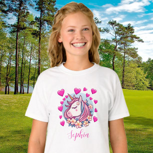 Camiseta Cute Unicorn, Corazones y Flores Rosas, Nombre Per