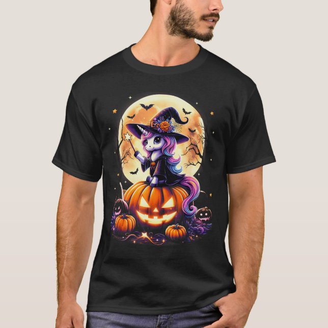 Camiseta Cute Unicorn Witch Pumpkin Halloween Shirts Girls  (Anverso)