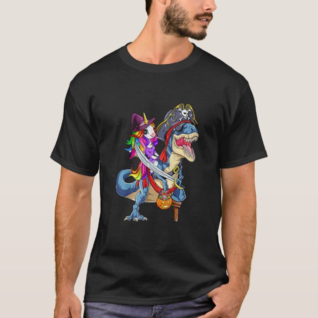 Camiseta Cute Unicorn Witch Riding Dinosaur Pumpkin Hallowe (Anverso)