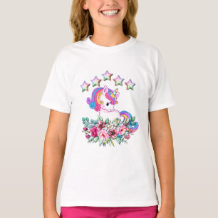 Camiseta Cute Unicornio, Estrellas Coloridas Y Floral Acuar