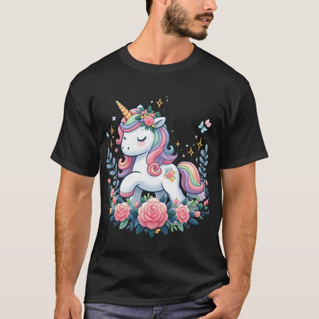 Camiseta Cute Unicornio Sobre Flores (Anverso)