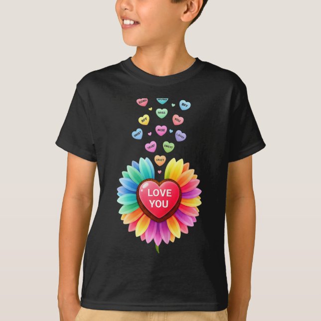 Camiseta Cute Valentine Love Sunflower Hearts Candy For Gir (Anverso)
