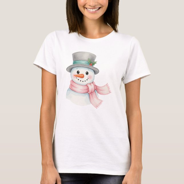 Camiseta Cute Watercolor Snowman with Pink Scarf Holiday (Anverso)
