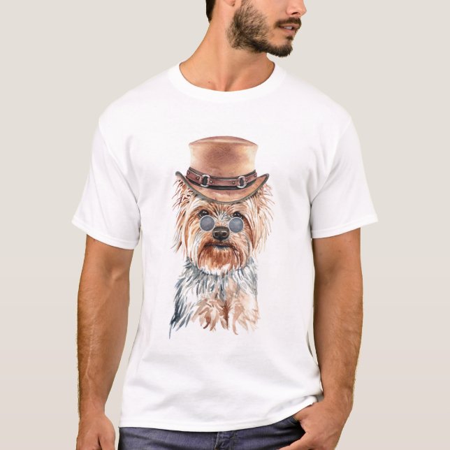 Camiseta Cute Watercolor Steampunk Yorkshire Terrier (Anverso)
