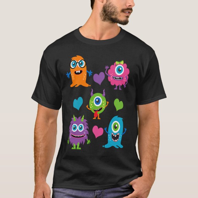 Camiseta Cute Whimsical Colorful Little Monsters With Heart (Anverso)