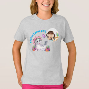 Camiseta Cute Whimsical Floral Sea Lion Photo Kids Cumpleañ