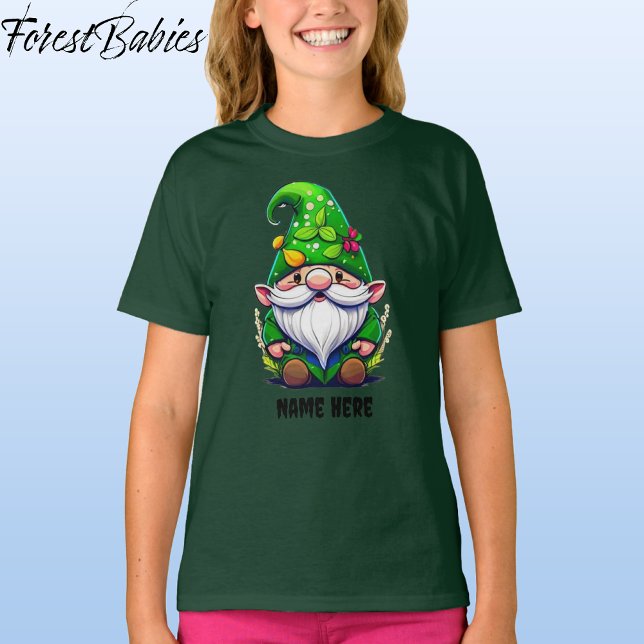 Camiseta Cute Whimsical Flower Garden Gnome Personalizado G (Gnome, Green Customizable ForestBabies T-shirt - Front)