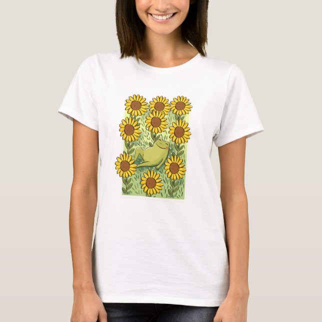 Camiseta Cute Whimsical Frog And Sunflowers Illustration (Anverso)