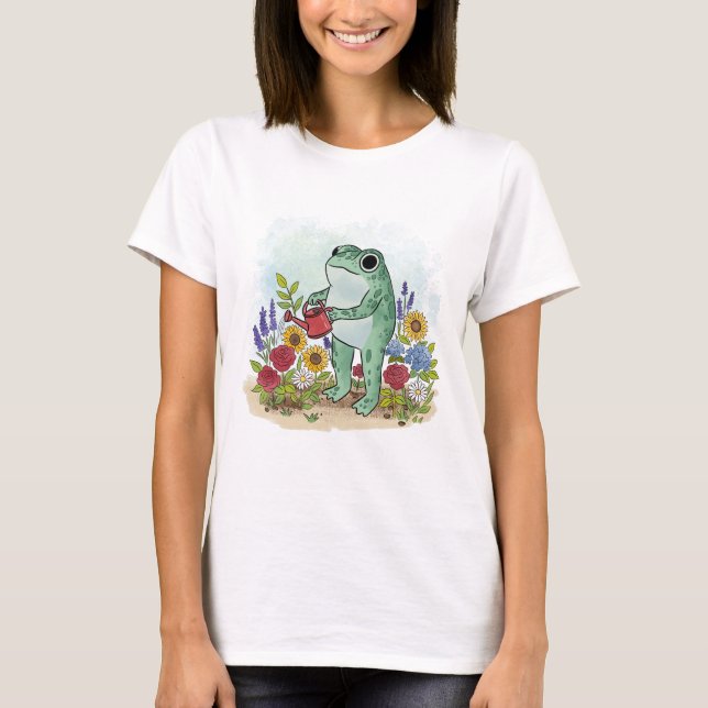 Camiseta Cute Whimsical Frog In Flower Garden Illustration (Anverso)