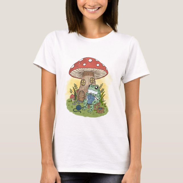 Camiseta Cute Whimsical Frog Knitting Illustration (Anverso)