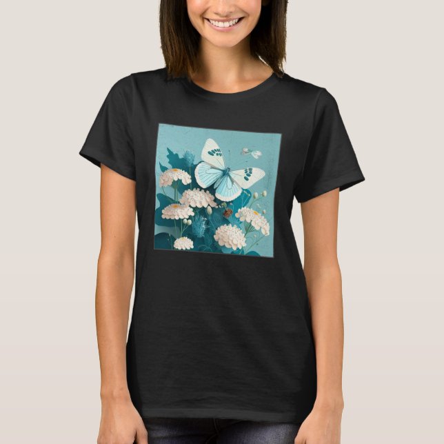 Camiseta Cute White Butterfly Illustration Flowers Minimal  (Anverso)