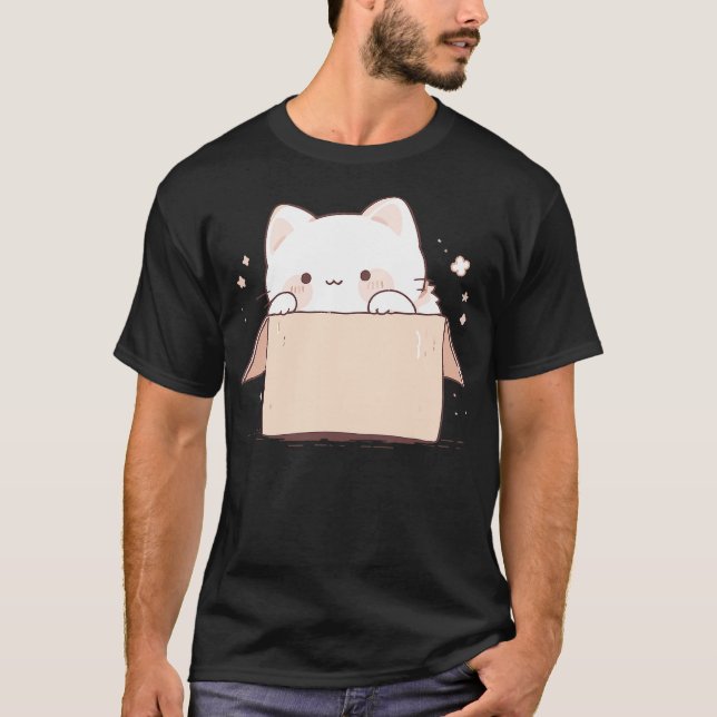 Camiseta Cute White Cat in a Box Japanese Kawaii Cartoon Gr (Anverso)
